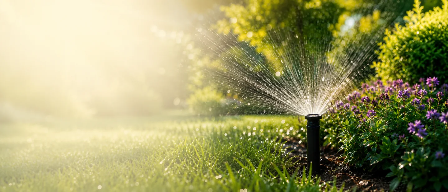 Automatic irrigation watering a lawn and flowering bed